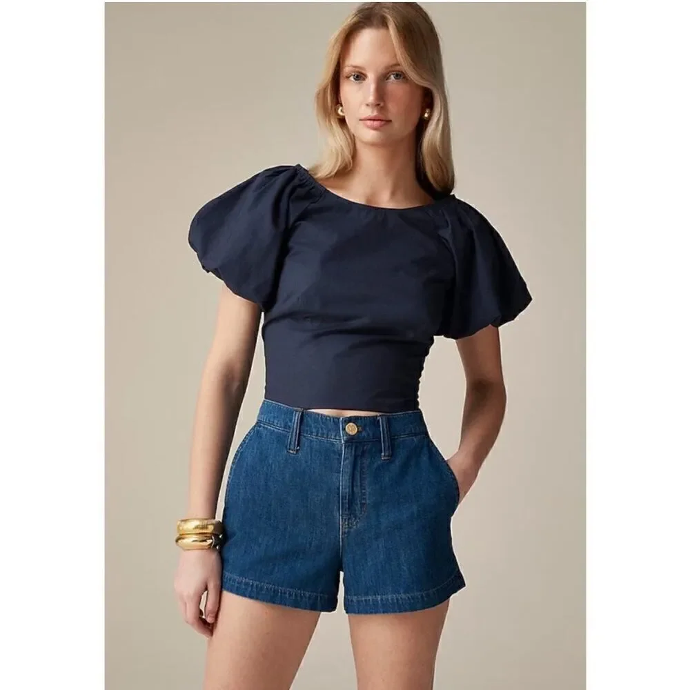 NWT J Crew Puff Sleeve Inez Fitted Top in Navy blue